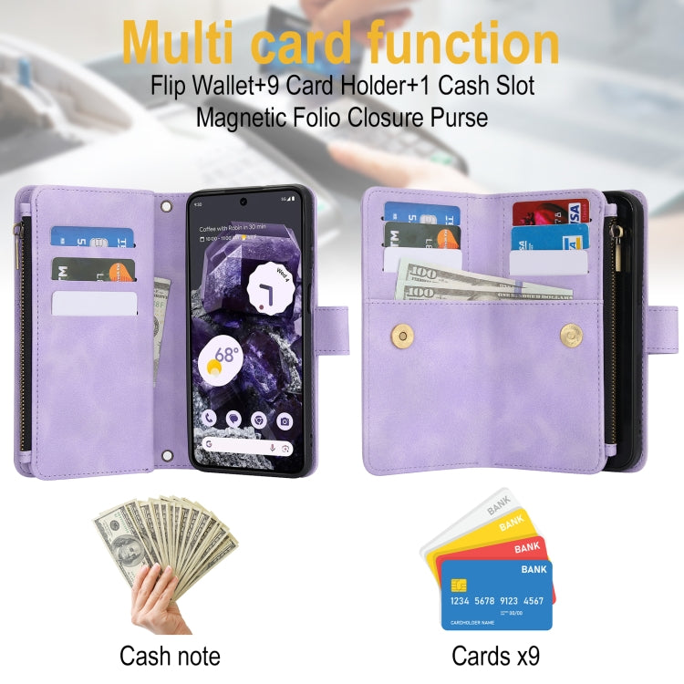 For Google Pixel 8 Dream 9-Card Zipper Wallet RFID Leather Phone Case with Lanyard