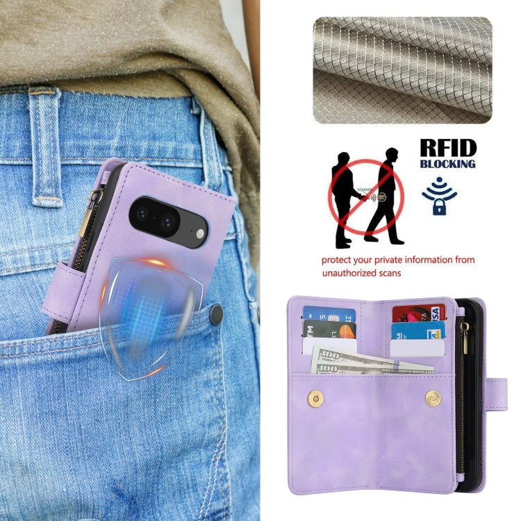 For Google Pixel 8 Dream 9-Card Zipper Wallet RFID Leather Phone Case with Lanyard