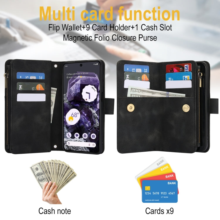 For Google Pixel 8 Dream 9-Card Zipper Wallet RFID Leather Phone Case with Lanyard