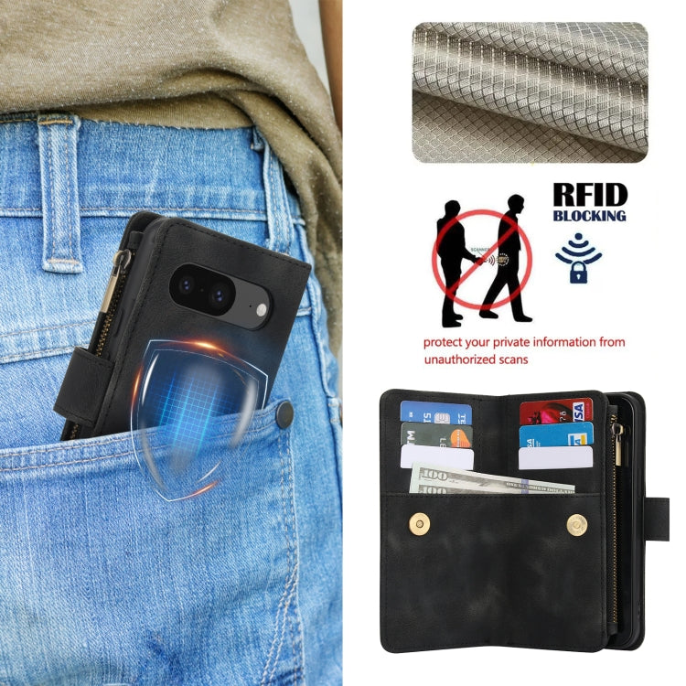 For Google Pixel 8 Dream 9-Card Zipper Wallet RFID Leather Phone Case with Lanyard