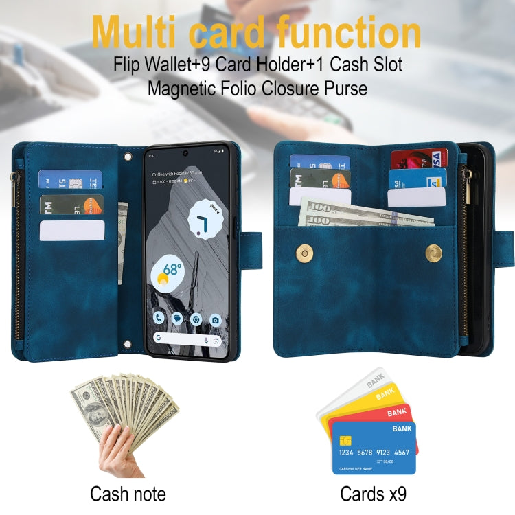 For Google Pixel 8 Pro Dream 9-Card Zipper Wallet RFID Leather Phone Case with Lanyard