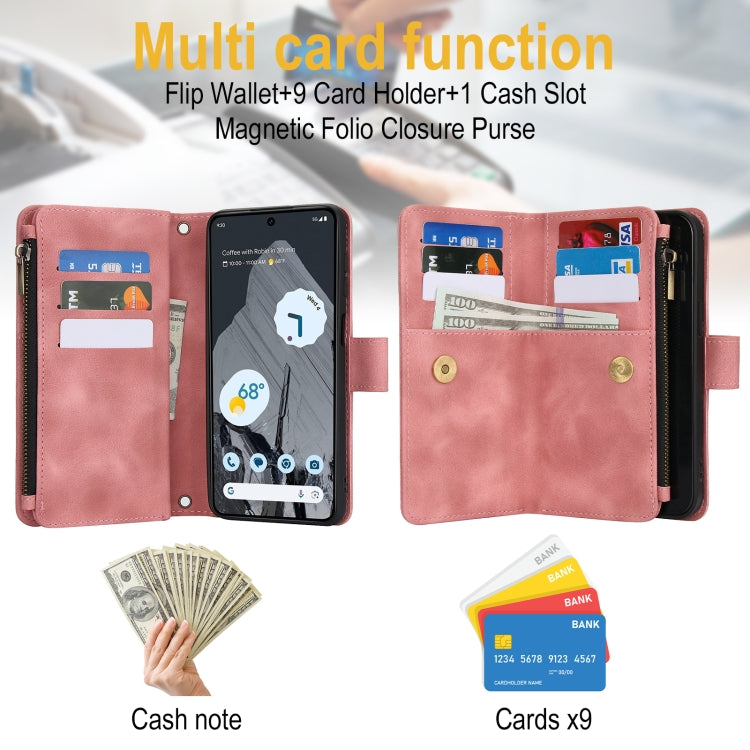 For Google Pixel 8 Pro Dream 9-Card Zipper Wallet RFID Leather Phone Case with Lanyard
