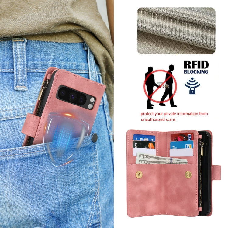 For Google Pixel 8 Pro Dream 9-Card Zipper Wallet RFID Leather Phone Case with Lanyard