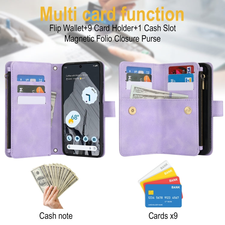 For Google Pixel 8 Pro Dream 9-Card Zipper Wallet RFID Leather Phone Case with Lanyard