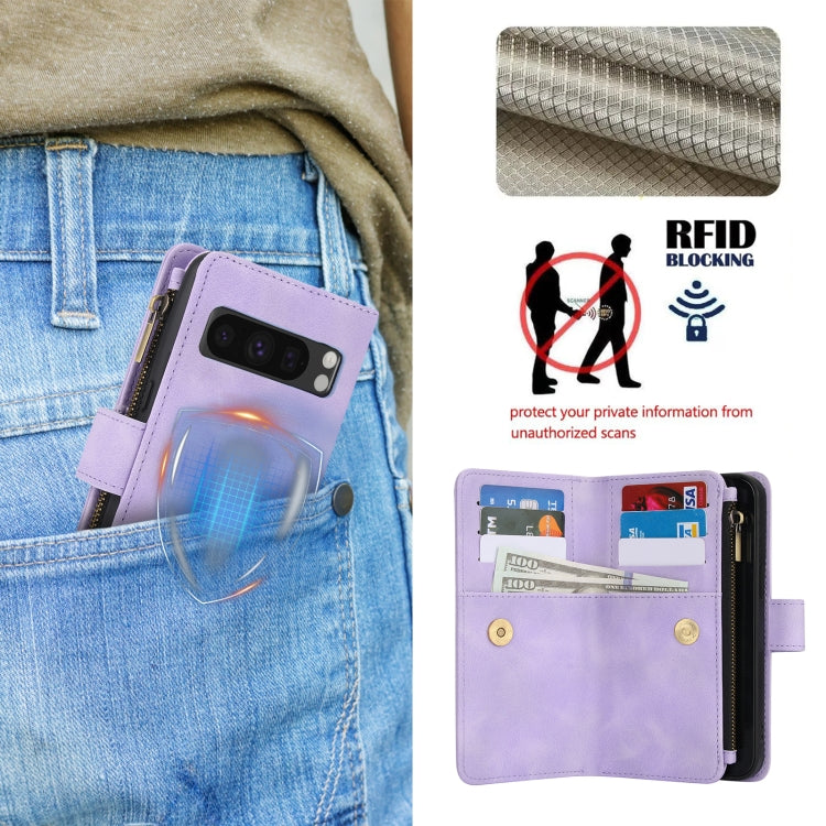 For Google Pixel 8 Pro Dream 9-Card Zipper Wallet RFID Leather Phone Case with Lanyard