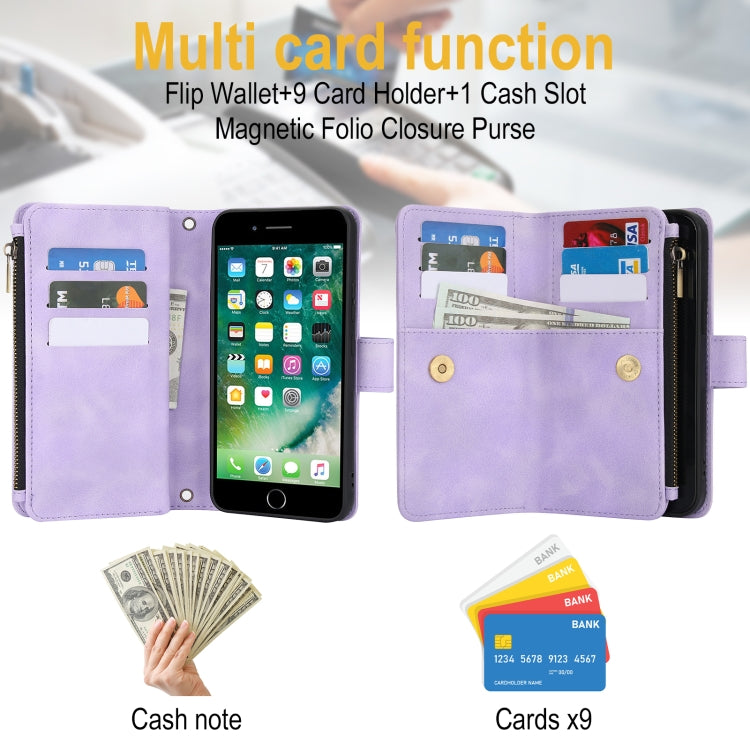 For iPhone 7 / 8 / SE 2022 Dream 9-Card Zipper Wallet RFID Leather Phone Case with Lanyard