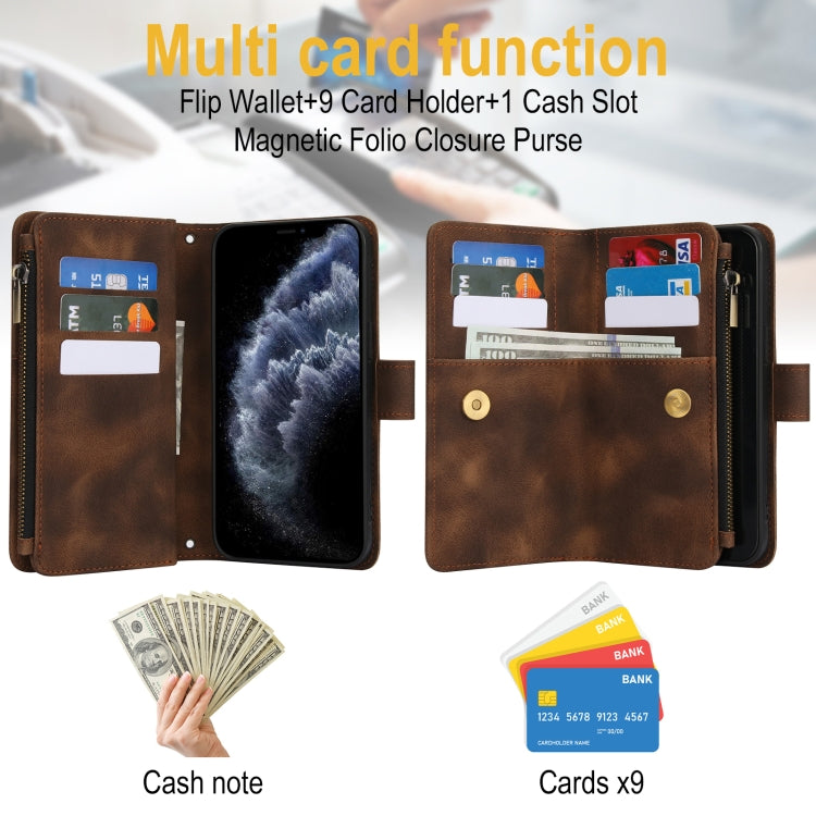 For iPhone 11 Pro Max Dream 9-Card Zipper Wallet RFID Leather Phone Case with Lanyard