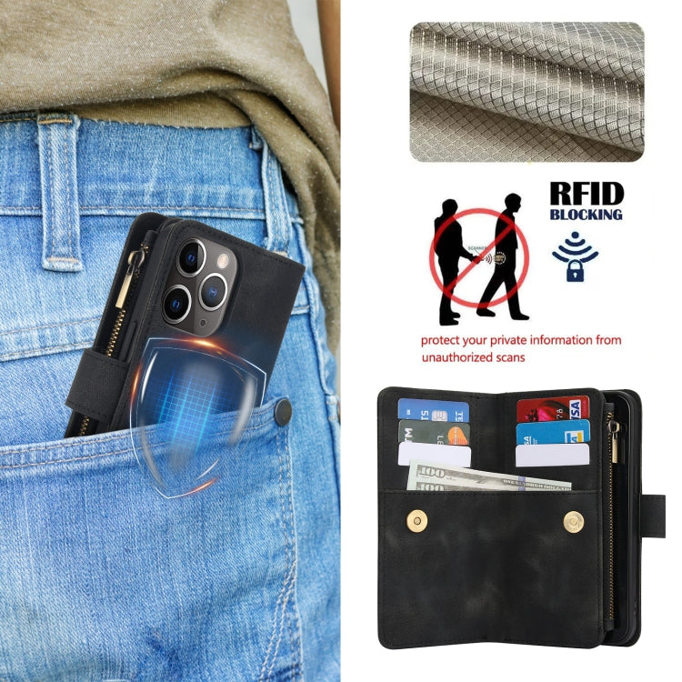 For iPhone 11 Pro Max Dream 9-Card Zipper Wallet RFID Leather Phone Case with Lanyard