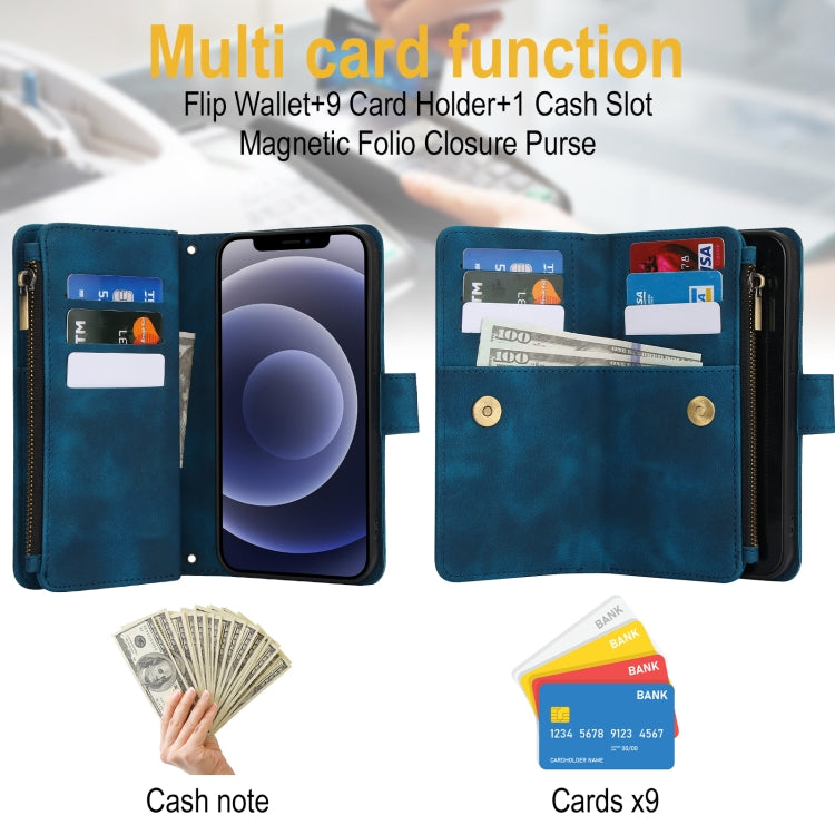 For iPhone 12 Dream 9-Card Zipper Wallet RFID Leather Phone Case with Lanyard