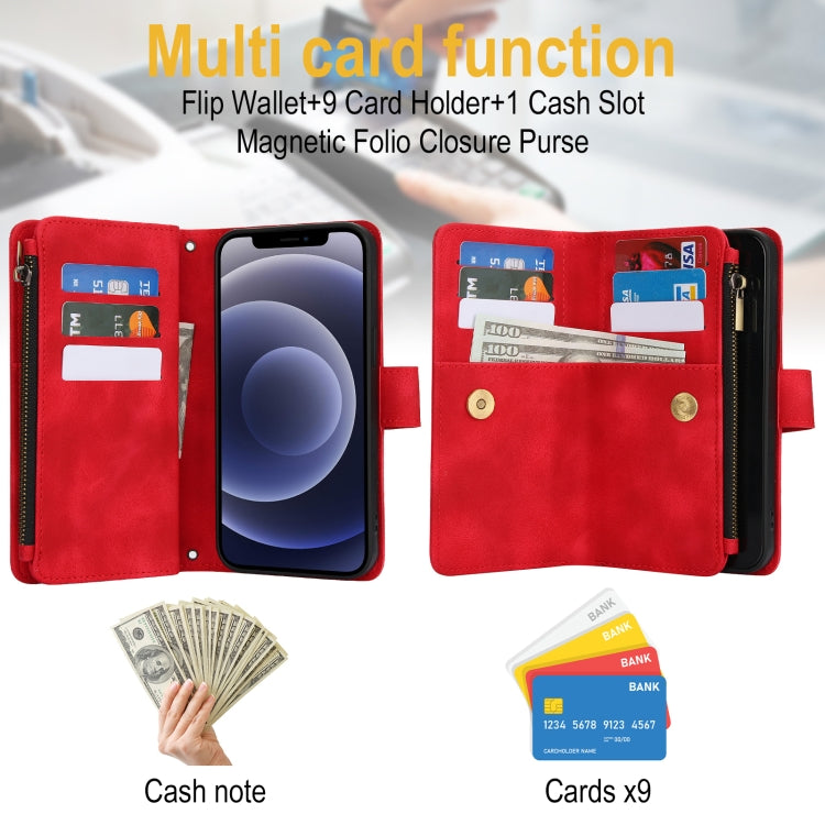 For iPhone 12 Dream 9-Card Zipper Wallet RFID Leather Phone Case with Lanyard