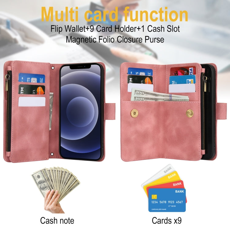 For iPhone 12 Dream 9-Card Zipper Wallet RFID Leather Phone Case with Lanyard