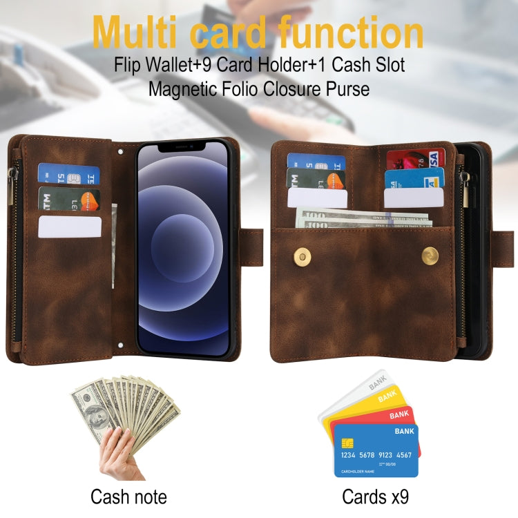For iPhone 12 Dream 9-Card Zipper Wallet RFID Leather Phone Case with Lanyard