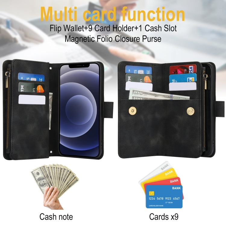 For iPhone 12 Dream 9-Card Zipper Wallet RFID Leather Phone Case with Lanyard