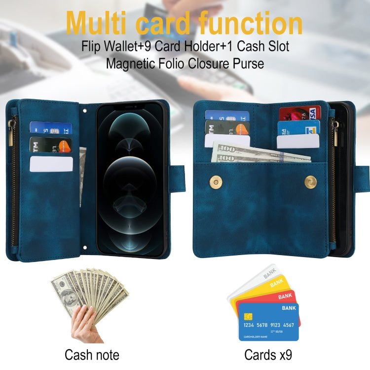 For iPhone 12 Pro Max Dream 9-Card Zipper Wallet RFID Leather Phone Case with Lanyard