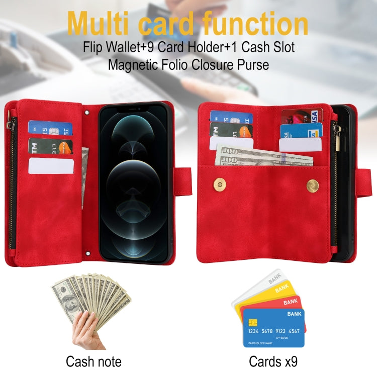 For iPhone 12 Pro Max Dream 9-Card Zipper Wallet RFID Leather Phone Case with Lanyard
