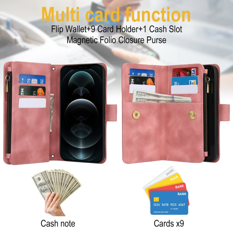 For iPhone 12 Pro Max Dream 9-Card Zipper Wallet RFID Leather Phone Case with Lanyard
