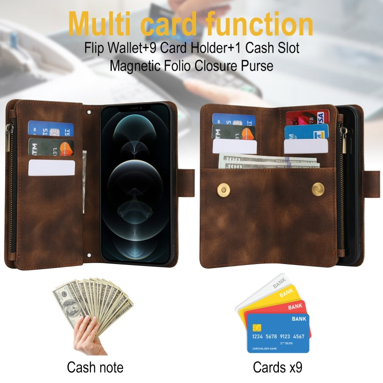 For iPhone 12 Pro Max Dream 9-Card Zipper Wallet RFID Leather Phone Case with Lanyard