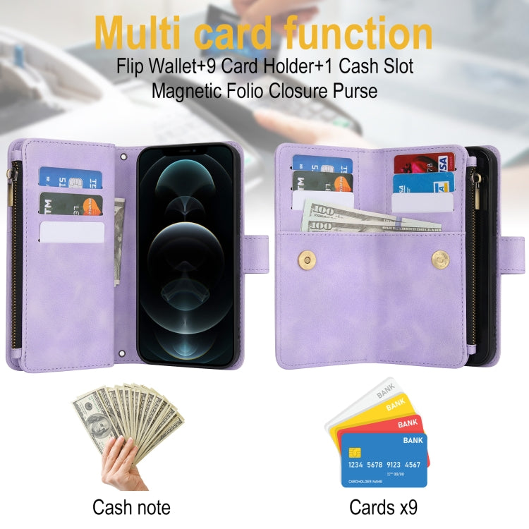 For iPhone 12 Pro Max Dream 9-Card Zipper Wallet RFID Leather Phone Case with Lanyard