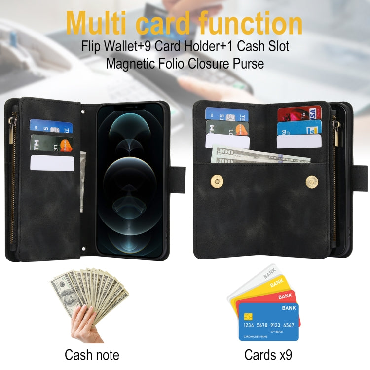 For iPhone 12 Pro Max Dream 9-Card Zipper Wallet RFID Leather Phone Case with Lanyard
