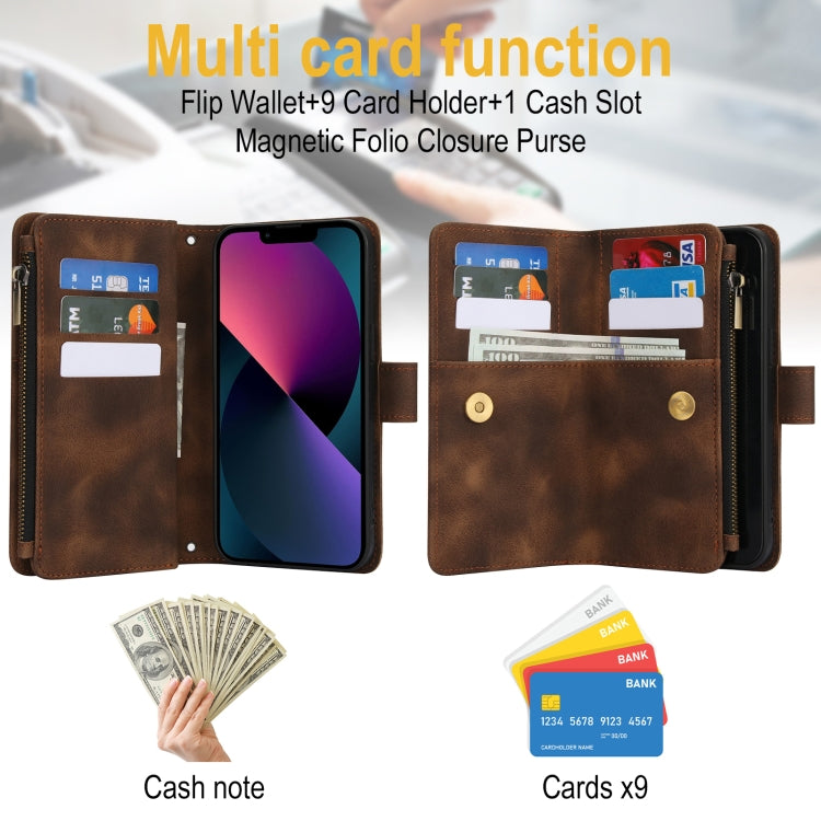 For iPhone 13 Dream 9-Card Zipper Wallet RFID Leather Phone Case with Lanyard