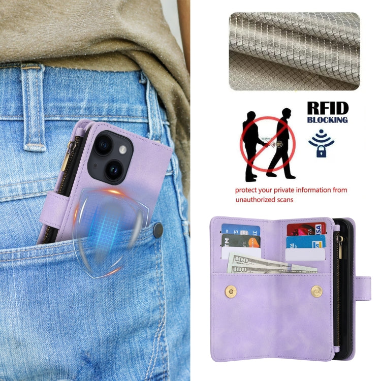 For iPhone 13 mini Dream 9-Card Zipper Wallet RFID Leather Phone Case with Lanyard