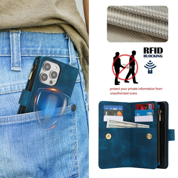 For iPhone 13 Pro Max Dream 9-Card Zipper Wallet RFID Leather Phone Case with Lanyard