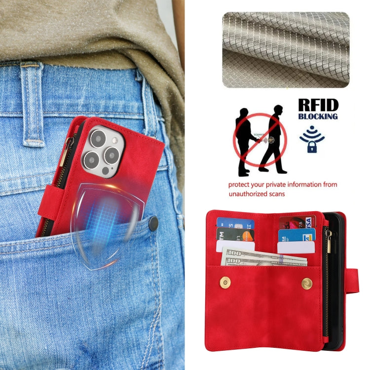 For iPhone 13 Pro Max Dream 9-Card Zipper Wallet RFID Leather Phone Case with Lanyard