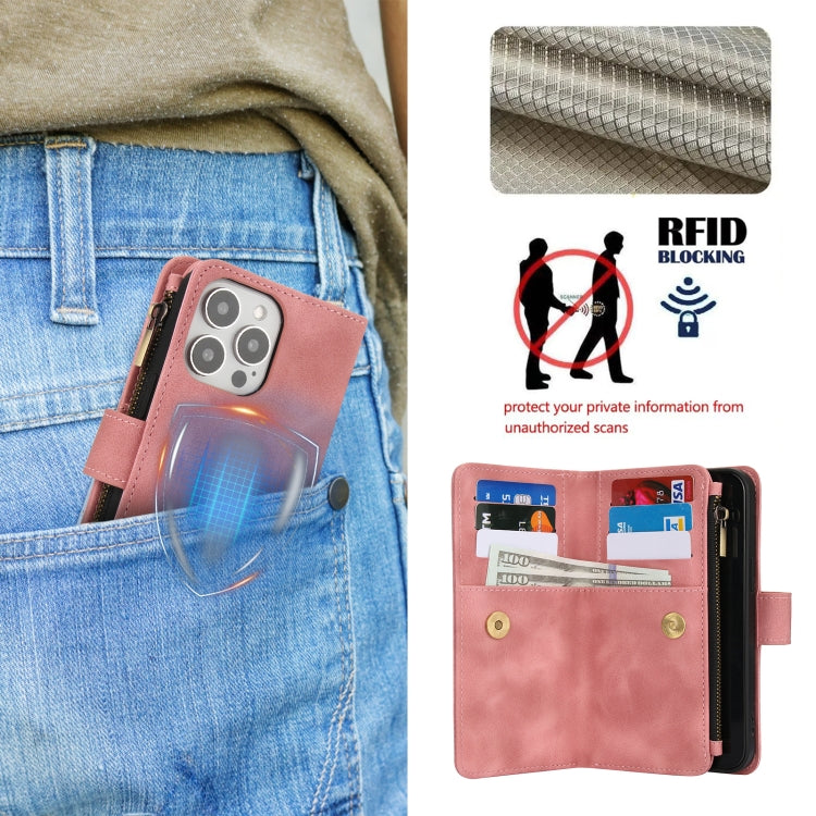 For iPhone 13 Pro Max Dream 9-Card Zipper Wallet RFID Leather Phone Case with Lanyard