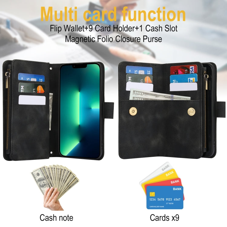 For iPhone 13 Pro Max Dream 9-Card Zipper Wallet RFID Leather Phone Case with Lanyard