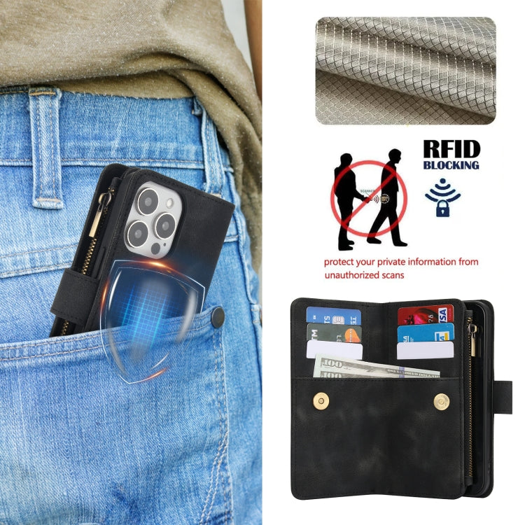 For iPhone 13 Pro Max Dream 9-Card Zipper Wallet RFID Leather Phone Case with Lanyard