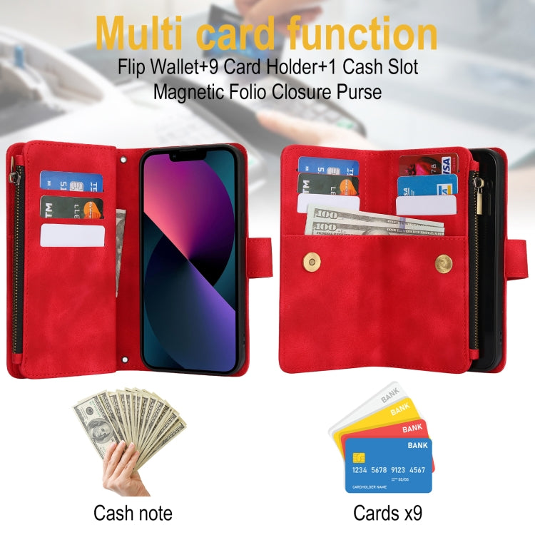 For iPhone 14 Dream 9-Card Zipper Wallet RFID Leather Phone Case with Lanyard