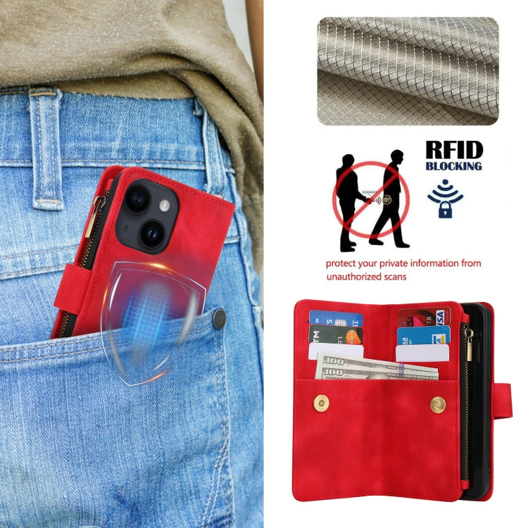 For iPhone 14 Plus Dream 9-Card Zipper Wallet RFID Leather Phone Case with Lanyard