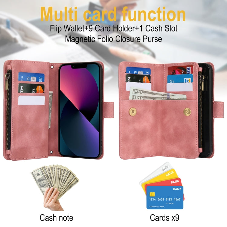 For iPhone 14 Plus Dream 9-Card Zipper Wallet RFID Leather Phone Case with Lanyard