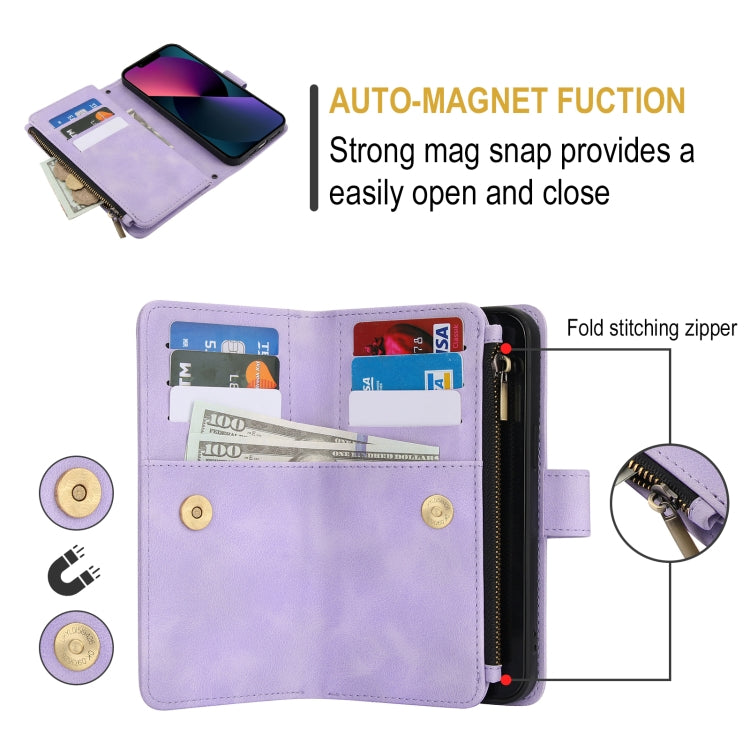 For iPhone 14 Plus Dream 9-Card Zipper Wallet RFID Leather Phone Case with Lanyard