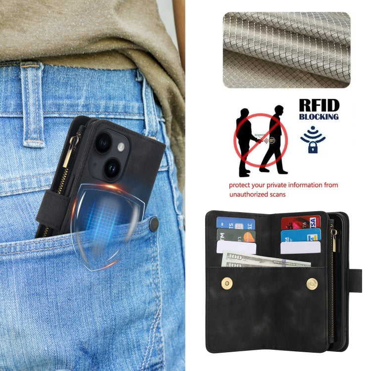 For iPhone 14 Plus Dream 9-Card Zipper Wallet RFID Leather Phone Case with Lanyard