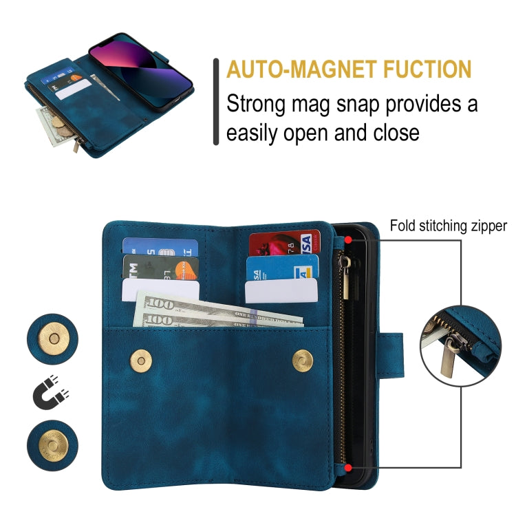 For iPhone 15 Plus Dream 9-Card Zipper Wallet RFID Leather Phone Case with Lanyard