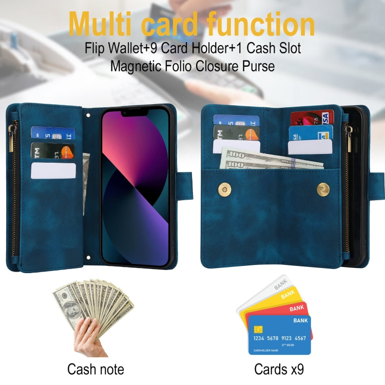 For iPhone 15 Plus Dream 9-Card Zipper Wallet RFID Leather Phone Case with Lanyard