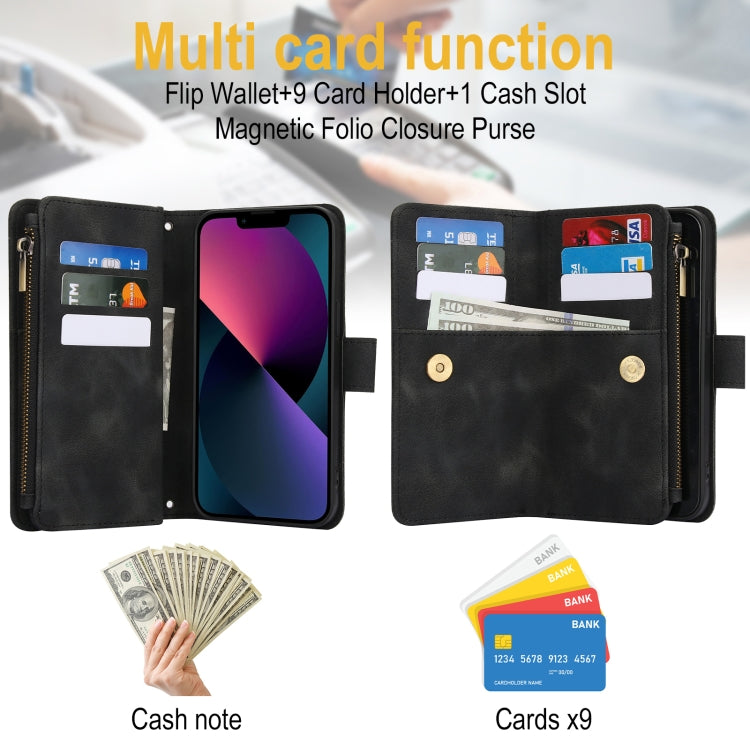 For iPhone 15 Plus Dream 9-Card Zipper Wallet RFID Leather Phone Case with Lanyard