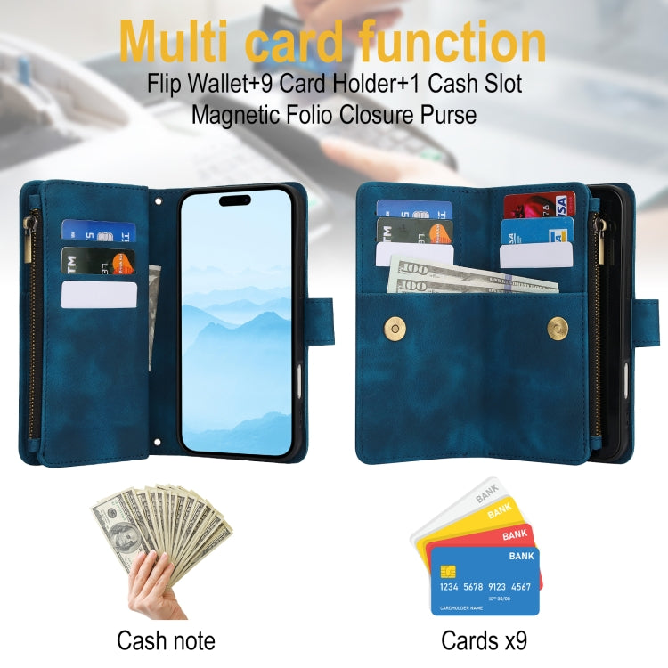 For iPhone 16 Plus Dream 9-Card Zipper Wallet RFID Leather Phone Case with Lanyard