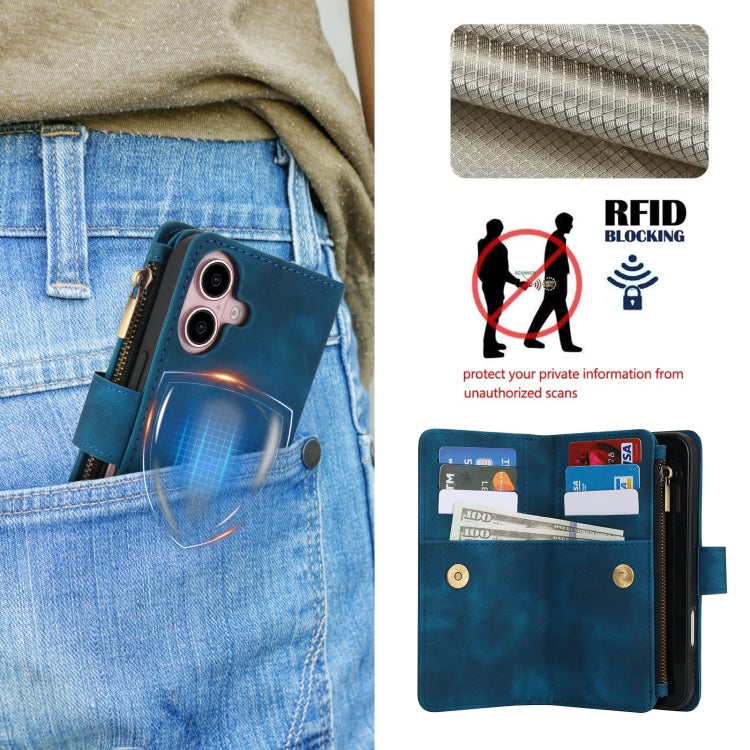 For iPhone 16 Plus Dream 9-Card Zipper Wallet RFID Leather Phone Case with Lanyard
