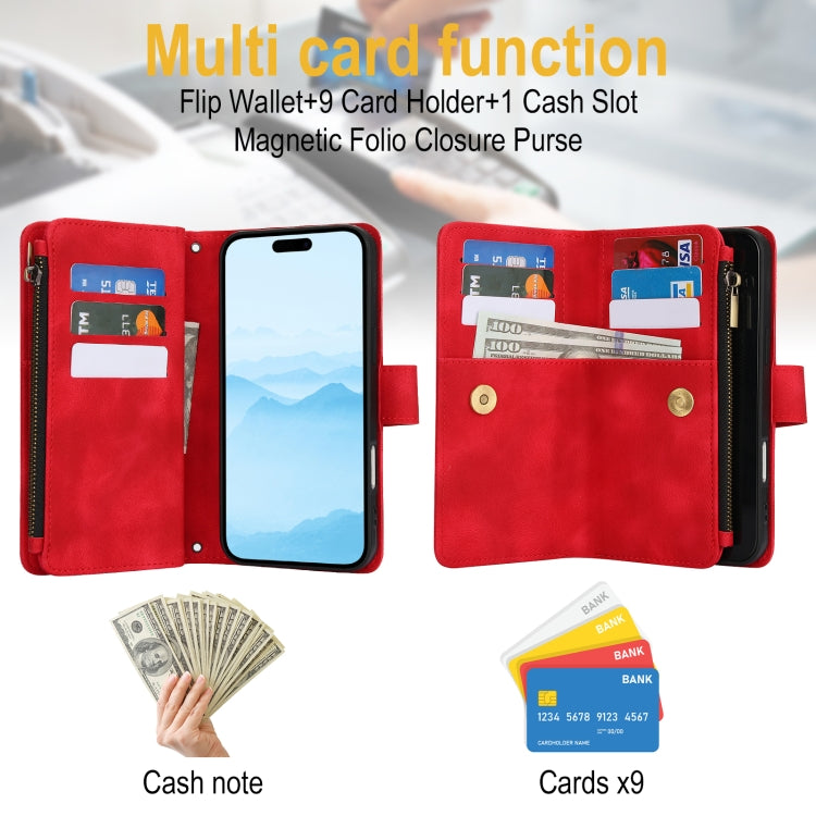 For iPhone 16 Plus Dream 9-Card Zipper Wallet RFID Leather Phone Case with Lanyard