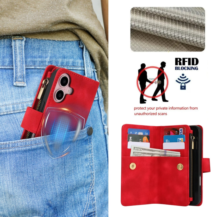 For iPhone 16 Plus Dream 9-Card Zipper Wallet RFID Leather Phone Case with Lanyard