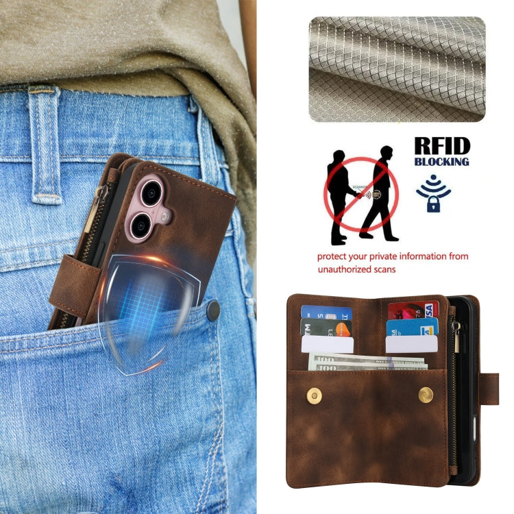 For iPhone 16 Plus Dream 9-Card Zipper Wallet RFID Leather Phone Case with Lanyard