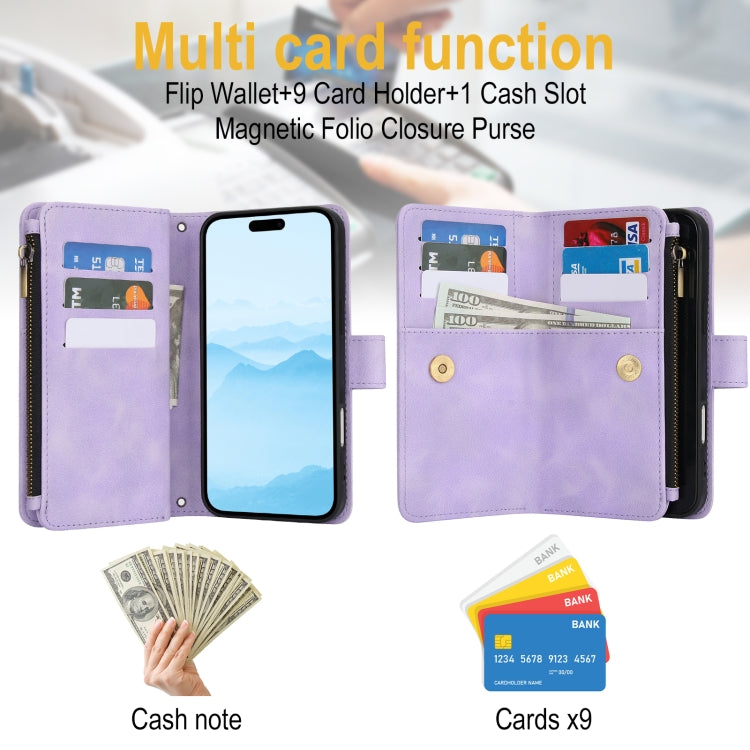 For iPhone 16 Plus Dream 9-Card Zipper Wallet RFID Leather Phone Case with Lanyard