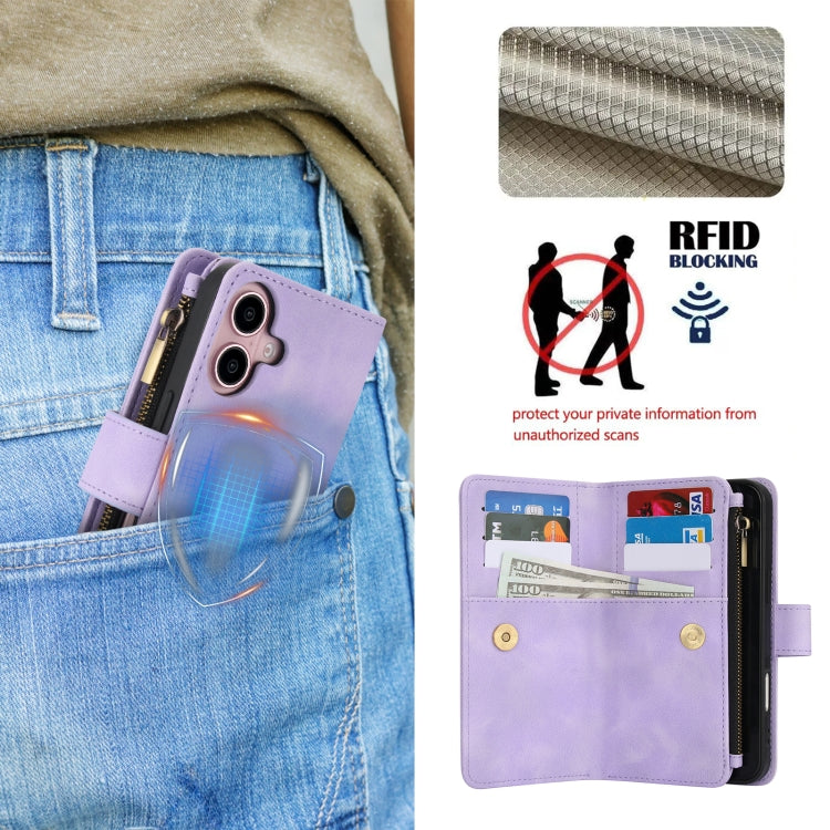 For iPhone 16 Plus Dream 9-Card Zipper Wallet RFID Leather Phone Case with Lanyard