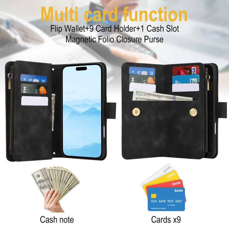 For iPhone 16 Plus Dream 9-Card Zipper Wallet RFID Leather Phone Case with Lanyard