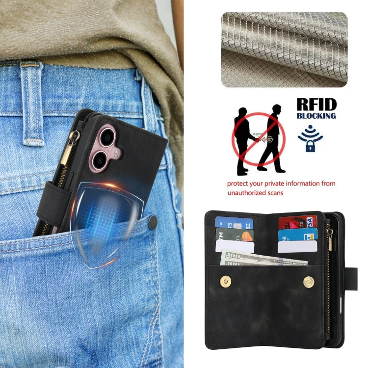 For iPhone 16 Plus Dream 9-Card Zipper Wallet RFID Leather Phone Case with Lanyard