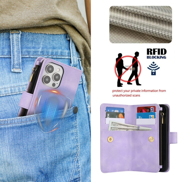 For iPhone 16 Pro Dream 9-Card Zipper Wallet RFID Leather Phone Case with Lanyard