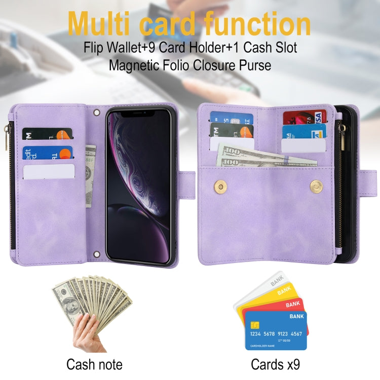 For iPhone XR Dream 9-Card Zipper Wallet RFID Leather Phone Case with Lanyard