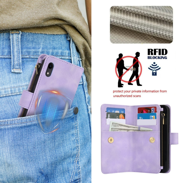 For iPhone XR Dream 9-Card Zipper Wallet RFID Leather Phone Case with Lanyard